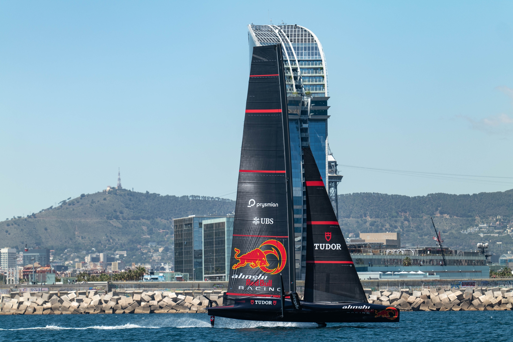 America’s Cup Recon. Wednesday the 8th of May 2024. Alinghi Red Bull Racing (SUI) (AC75 Class) boat 2, practice racing with sailing in the Mediterranean Sea, Barcelona - Spain. ©Paul Todd/AMERICA’S CUP