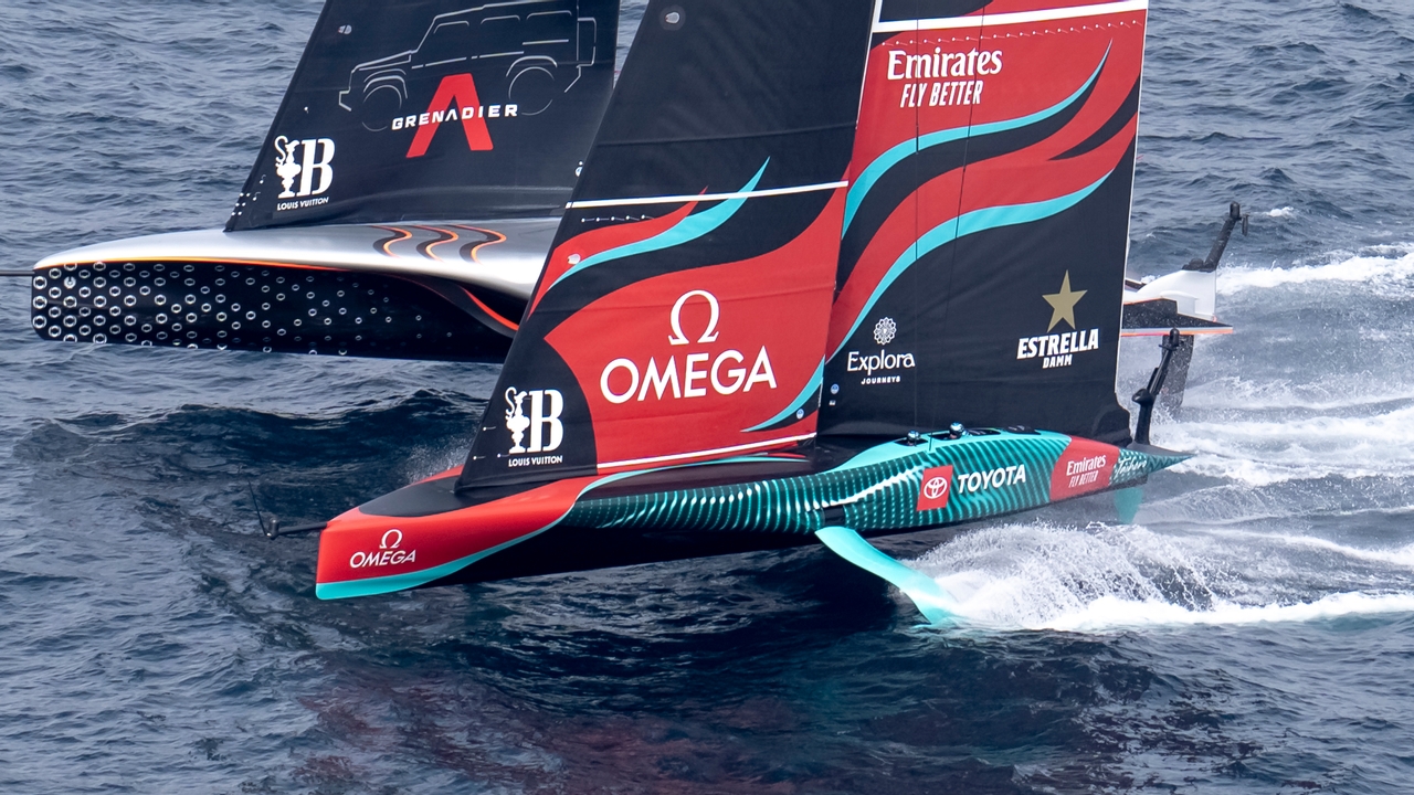 October 13, 2024. Louis Vuitton 37th America's Cup, Race Day 2, Race 3. EMIRATES TEAM NEW ZEALAND, INEOS BRITANNIA