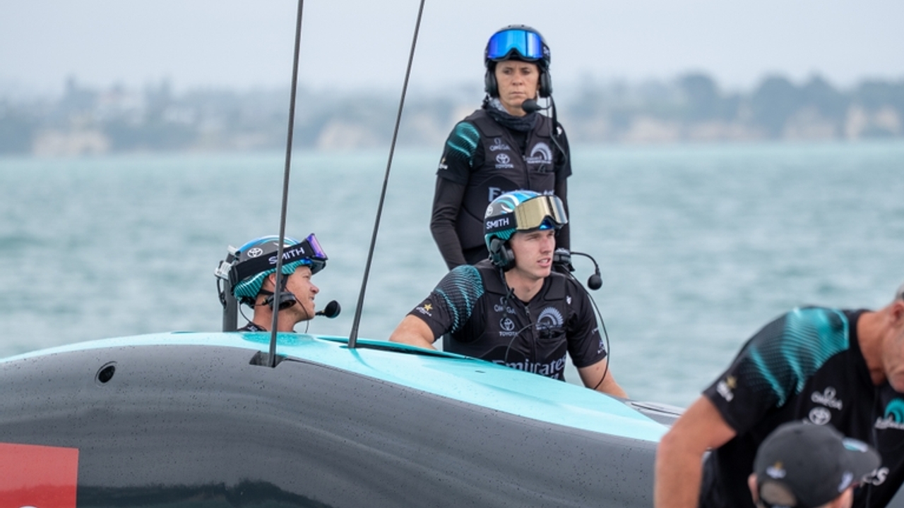 Seb Menzies, Jo Aleh and Nathan Outteridge - Emirates Team New Zealand - AC75 Taihoro - Auckland - March 13, 2026