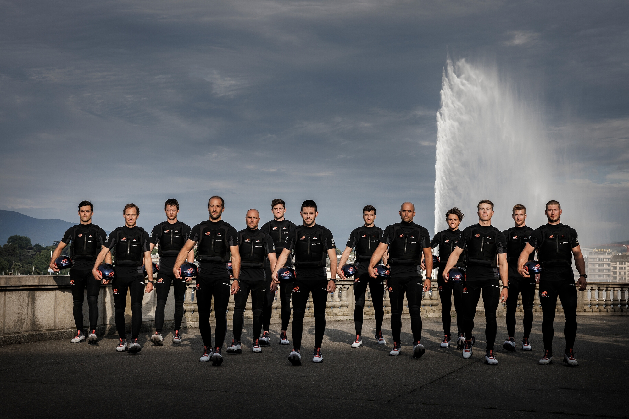 (L to R) Lucien Cujen, Matias Buhler, Bryan Mettraux, Arnaud Psarofaghis, Nicolas Charbonnier, Nils Theunik, Maxime Bachelin, Florian Trub,Yves Detrey, Thery Schir, Nicolas Rolaz, Barnabe Delarze, Arthur Cevey of Switzerland and Alinghi Red Bull Racing pose for a portrait in Geneva, Switzerland on June 1, 2022 // Samo Vidic / Alinghi Red Bull Racing / Red Bull Content Pool // SI202206060219 // Usage for editorial use only //