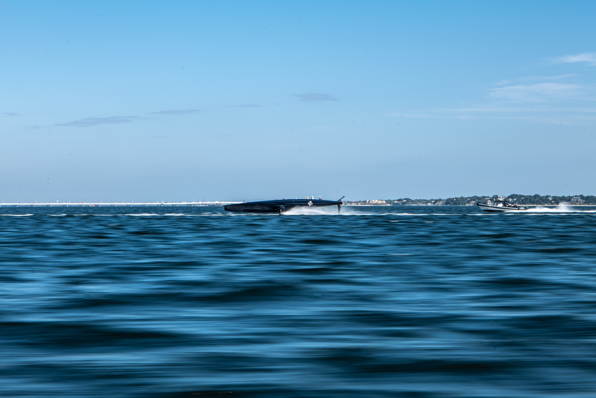 Americaâ??s Cup Recon Monday the 11th of October 2022.
American Magic tow test their boat Patriot (B2)(AC75 Class) in Pensacola bay.
©Paul Todd/AMERICAâ??S CUP